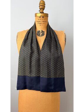Hermès Navy & Gold Silk Scarf Ascot Tie With Geometric Equestrian Pattern France